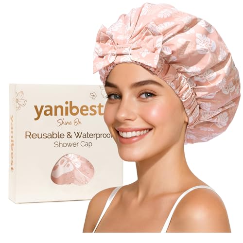 Yanibest Shower Cap Reusable Waterproof, Wide Elastic Band Bath Cap - Comfortable & Durable Bath Hair Hat for Women - color: Pink Leaves