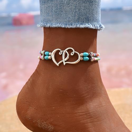 Qceasiy Shell Ankle Bracelet Set for Women, Gold Plated Boho Bead Adjustable Anklet, Hawaiian Beach Seashell Pearl Heart Starfish Conch Foot Jewelry Gifts - color: Double Heart(Colorful)