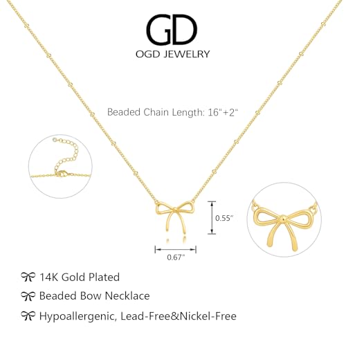 OGD Gold Necklace for Women, Bow Necklace 14K Layered Gold Necklace Dainty Bow Pendant Choker Necklace Trendy Bow Necklace Gold Chain Necklaces for Women Jewelry Gift - color: Beaded Bow-Gold