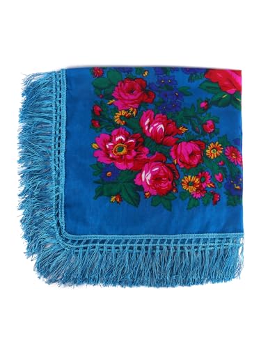 MJ SERECA Acrylic Bandana Printed Hair Scarf Square Ukrainian Head Scarf Floral Babushka Neck Scarf for Women 30"/42"/60" - color: Blue With Tassel