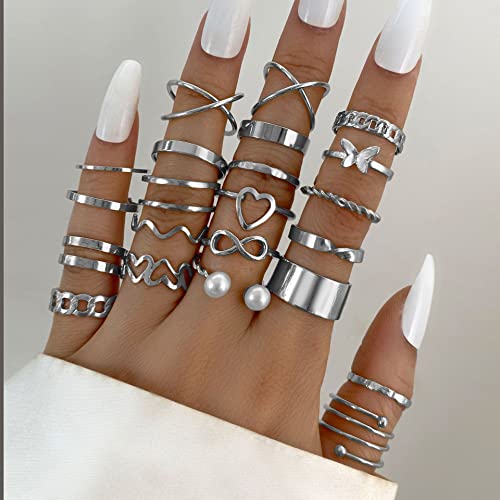 INENIMARTJ Boho Rings for Women Teen Girls,Gold Stacking Rings Set Vintage Knuckle Stackable Moon Star Snake Butterfly Heart Flower Leaf Top Finger Rings - color: silver-23pcs