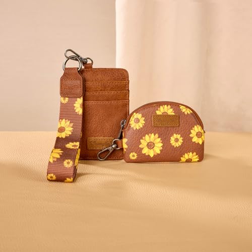 Wrangler KeyChain Wristlet Wallets for Women Sunflower Floral Dual Pouch Wristlet Western Credit Card Holder Wallet with Zipper Pocket - color: Sunflower Brown