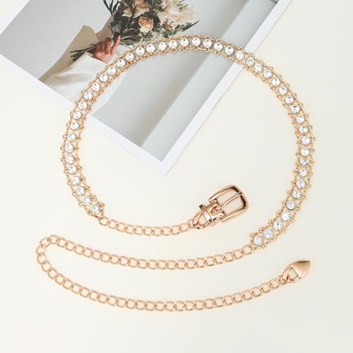 YooAi Chain Belts Leather Waist Belt for Women Layered Metal Chain Belt - size: M/L: fits waist from 31"-40", style: Gold Rhinestsone