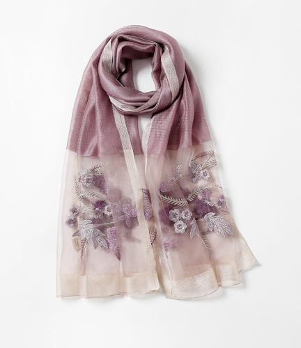 Jeelow Silk Blend Floral Fashion Scarf Shawl Wrap Lightweight Sheer For Women Floral Embroidery Wedding Party Prom - color: Light Orchid