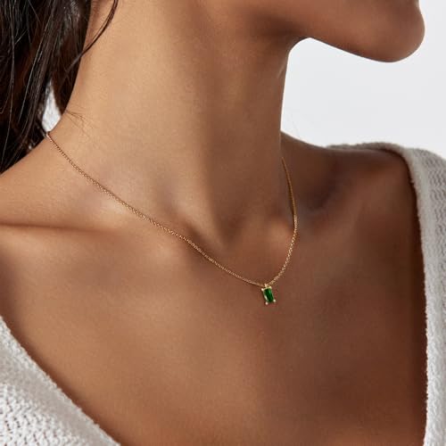Luxval Diamond Pendant Gold Necklace for Women，Dainty 18k Gold Plated Choker Necklaces Simple Gold Jewelry Gifts for Women Girls - color: Green-Birthstone