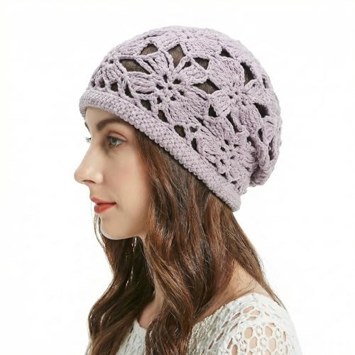 ZLYC Women Cotton Crochet Slouchy Beanie Hat Handmade Knit Summer Skull Cap - color: Crochet Purple