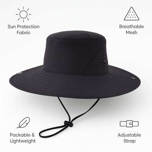 Wide Brim Nylon Sun Hat for Men Women Premium Packable Outdoor Fishing Hiking Hat Breathable Vent Holes Foldable for Beach - color: Black