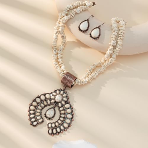4 PCS Western Turquoise Jewelry for Women Boho Vintage Navajo Pearl Necklace Earring Bracelet Ring Set Country Cowgirl Accessories for Gift - color: G-White