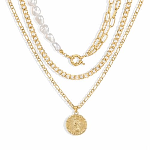 iF YOU Vintage Gold Layered Necklaces for Women Trendy, Chunky Cuban Link Paperclip Chains Necklace Stack, Coin Pendant Necklace Set Jewelry Gifts - style: 3-layer pearl necklaces