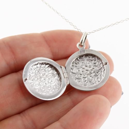 FashionJunkie4Life Sterling Silver Oval Locket Necklaces for Women, 18" Cable Chain - style: Round Floral