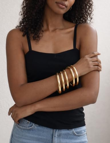 Chunky Gold Bangle Bracelets for Women, Dainty 14k Gold Plated Big Stackable Bangles Set, Trendy Cuff Bracelet Stack Fashion Jewelry Gifts - style: 5 Thin gold bangles