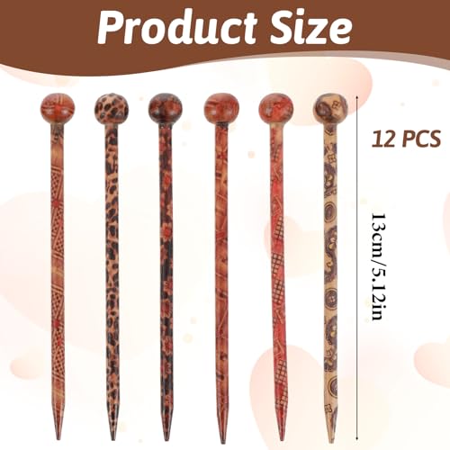 12 PCS Wooden Hair Sticks, Boho Vintage Japanese Chinese Hairpin Decorative Hanfu Pins Bun Holders Hair Chopsticks for Women Girls Chignon Bun Updo Hairstyle Accessories