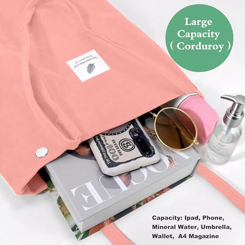 Corduroy Tote Bag for Women Small Canvas Shoulder Purse Cord Handy Bag with Inner Pocket | with Front Pocket - color: 02 Hot Pink
