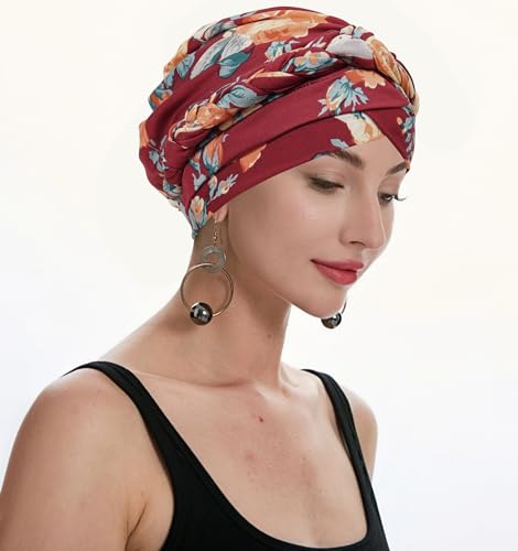 ZLYC Chemo Headwear for Women Pre Tied Turban Headwear Lightweight Beanie Hat - color: Braid Floral Burgundy