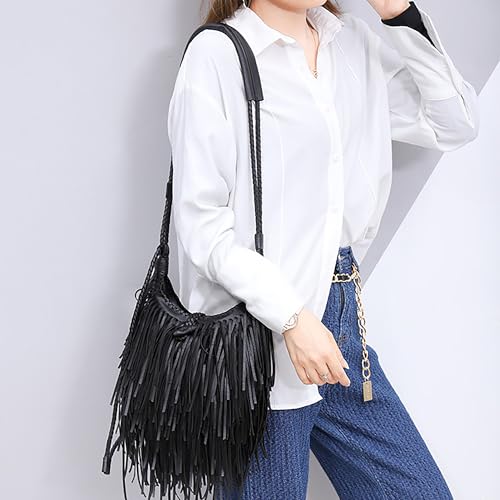 Tassel Shoulder Bag Vintage & Stylish Women PU Leather Bohemian Fringed Crossbody Shoulder Hobo Fringe bag - color: Black-9x7.87in