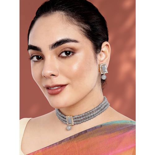 Aheli Ethnic Choker Necklace Earrings Wedding Bollywood Party Jewelry Set Gift for Women - color: Grey