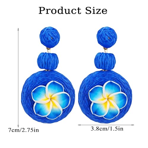 Boho Raffia Ball Earrings for Women, Handmade Statement Drop Earrings Straw Dangle Earrings Beach Vacation Jewelry - color: Royal blue flowers