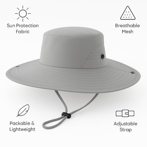 Wide Brim Nylon Sun Hat for Men Women Premium Packable Outdoor Fishing Hiking Hat Breathable Vent Holes Foldable for Beach - color: Grey