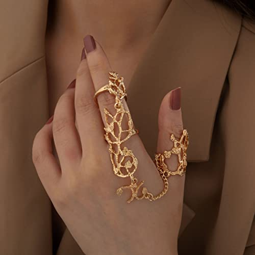 Yalice Charm Leaf Full Finger Ring Bracelets Dainty Knuckle Open Ring Harness Hand Chains Adjustable Statement Rings Jewelry for Women Gift - color: Gold