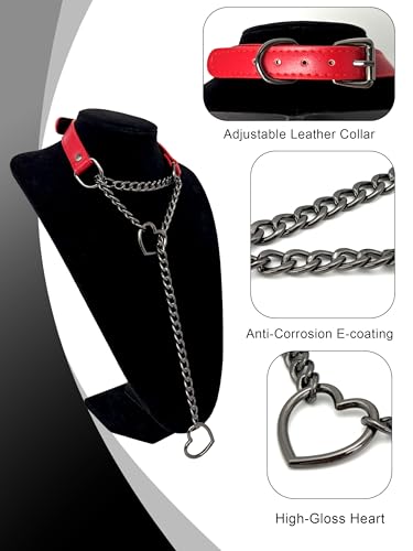 Black Leather Choker Collar For Women, Handmade Heart Slip Chain Choker Long Necklace with Adjustable Buckle - color: B-Red-Black-Black, size: 18''chain