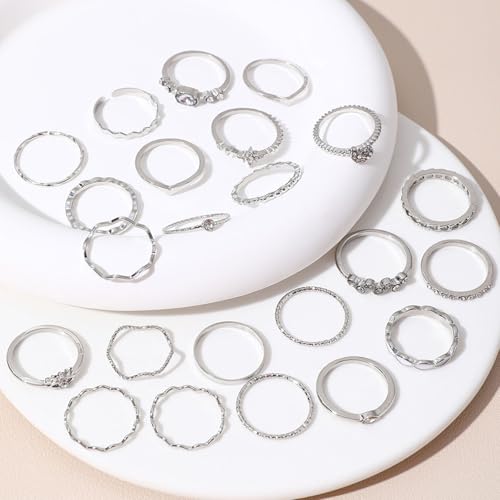 Gold Rings for Women Non Tarnish Stackable Rhinestone Moon Star Rings Dainty Stacking Pearl Butterfly Midi Pinky Thumb Joint Finger Knuckle Ring Set Gold Non Tarnish Jewelry Gifts Trendy Stuff - color: H Silver Stackable Rings 23Pcs