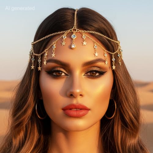 Aukmla Gold Head Chain Jewelry Star Headpiece Hair Chains for Women | Boho Hair Head Piece Jewelry Stars Headdress Festival Hair Accessories