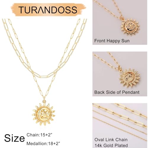 Turandoss 14K-Gold-Plated Necklaces for Women - Lock Evil Eye Medallion Vintage Coin Necklace Bee Sun Moon Shell Chain Necklace Layered Paperclip Chain Necklaces for Women Jewelry Gifts - style: 11-Happy Sun Coin
