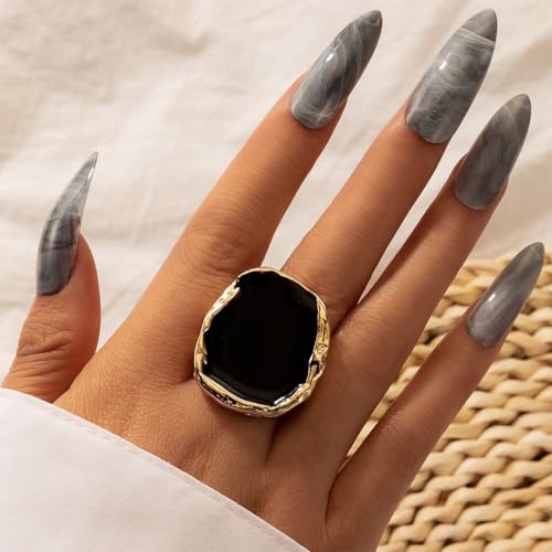Chunky Gold and Black Two-tone Enamel Drip Band Rings Set for Women, Vintage Statement Large Crystal CZ Ring Big Party Prom Jewelry Gift Accessories - color: 1PCS Black