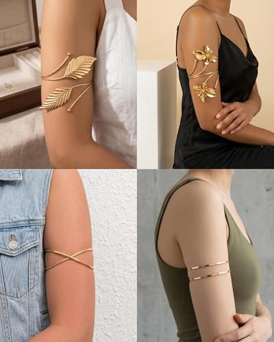 6 Pcs Arm Cuff Jewelry for Women, Minimalist Gold Coil Upper Arm Armband Set Metal Simple Open Armlet for Party - color: Leaf Flower