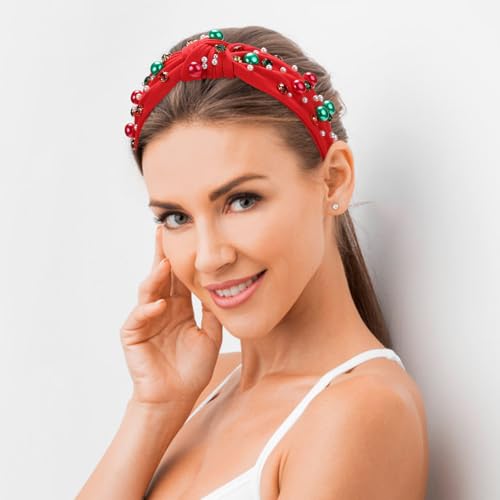 WantGor Pearl Knotted Headband, Women Rhinestone Embellished Hairband Elegant Wide Top Knot Bride Headbands Headpieces Party Fashion Elegant Ladies Hair Band Hair Hoop Accessories (Christmas Red) - color: Christmas Red