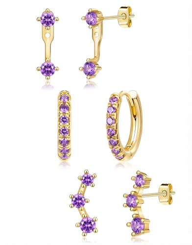 3 Pairs Dainty Small 4th of July Earrings for Women Trendy, Birthstone Stud Huggie Hoop Jacket Stack for Cartilage Helix, Gold Plated Hypoallergenic Cute Women Fashion Accessories Western Jewelry Gifts - color: 02Purple Created Amethyst-Feb (Gold)