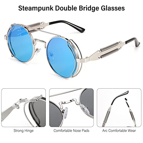 FEISEDY Aviator Sunglasses for Men Women, Retro Steampunk Gothic Round Metal Frame Hippie Glasses B2351 - color: Silver Frame Blue and Silver Lenses With Silver Legs