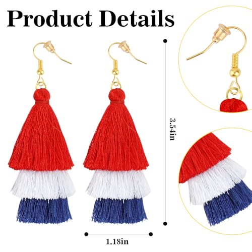 Earrings for Women Dangling, Layered Tassel Earrings Fringe Earrings Bohemian Studs Drop Earrings - color: Red White Blue