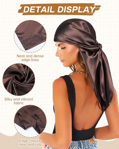 Mesovor 35” Square Head Scarf for Women, 3 Pack Like Silk Satin Headscarf Hair Neck Scarf Top Bandanas for Sleeping - color: Black + Dark Brown + Apricot