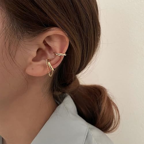 Ear Cuffs Non Piercing 14K Gold Plated Ear Cuff Earrings for Women Trendy Clip on Cartilage Earring Stacks Non Pierced Adjustable Fake Earrings Set Jewelry - color: B1:gold chain ear cuff 3pcs