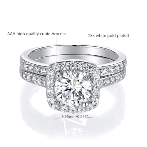 MDFUN 18K White Gold Plated Cubic Zirconia Two-in-One Halo Wedding Engagement Promise Eternity Ring for Women