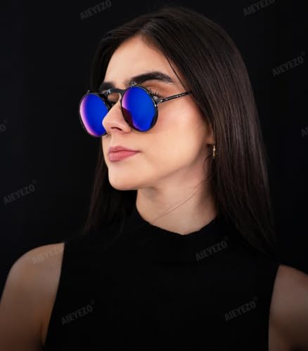 AIEYEZO Round Flip Up Sunglasses for Men and Women Rave Flip Glasses 90's Retro Steampunk Style - color: Black/Ice Blue Mirror