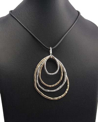 PU Leather Necklace Vintage Boho Style Multilayer Pendant Long Sweater Necklace Jewelry for Women Men with Adjustable Leather Cord - color: Gold Silver 4 Circles Necklace