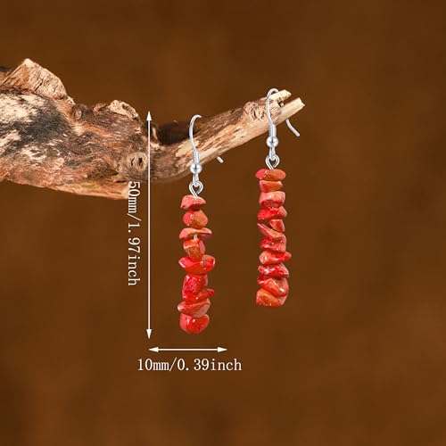 Handmade Bohemian Vintage Silver Nature Stone Beads Long Dangle Drop Earrings for Women - color: Orange Red