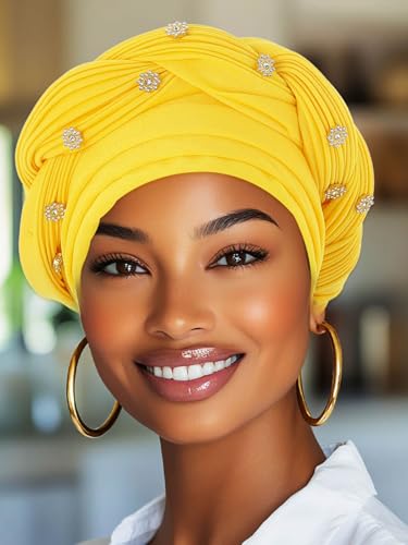 Woeoe Women African Turban Pre-Tied Twisted Beanie Cap Headwear Rhinestone Soft Stretchy Head Turbans - color: Yellow