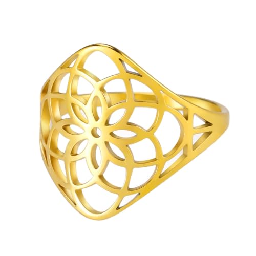TEAMER Filigree Flower Ring Stainless Steel Elegant Bohemian Finger Ring Wedding Band Ring Exquisite Jewelry for Women - color: Style 1 - Gold