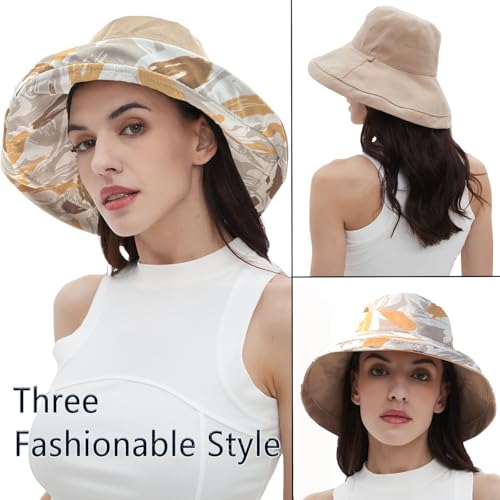 vidsel Womens Sun Hats Wide Brim Reversible Bucket Cotton Hat Packable Summer Travel Cap with Hat Clip,UV Protection - color: Khaki2, size: Medium
