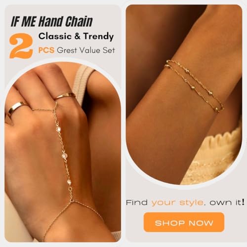 Gold Bracelets for Women, 14k Gold Plated Hand Chain Bracelet, 2 Pcs Ring Bracelets for Women Trendy Dainty Cubic Zirconia Bracelet Ring Bracelet Hand Jewelry Adjustable 6.3'+2' - style: 3 CZ-2 Pcs