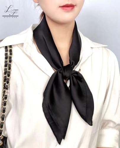 Hioyiwse Satin Square Scarf for Women Solid Color Emulation Silk Handkerchief Hair Ribbon Headband Handbag Purse - color: D3-black(23.6*23.6inch)