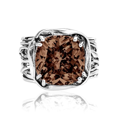 JEAN RACHEL JEWELRY 925 Sterling Silver Ring - Wrap Vintage Design with Cushion Shaped Cubic Zirconia - Hypoallergenic, Lead & Nickel Free - Artisan Handcrafted Statement Rings for Women - color: Smoky CZ