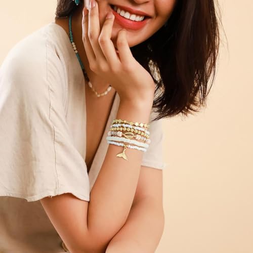 Shell Bracelet Seashell Boho Beaded Stretch Bracelets for Women Summer Beach Bracelets Starfish Charm Bracelet Stackable Gold Plated Bracelets Set for Women - color: k-shell 6pcs set