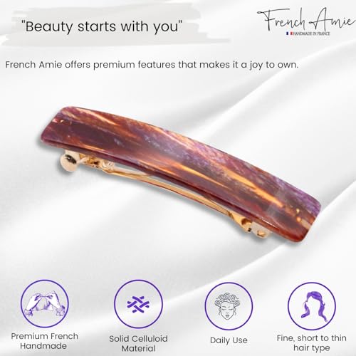 French Amie Small 2 1/4 inch Celluloid Handmade Hair Barrette No Slip Grip Durable Styling Women Hair Accessories Hair Clip for Girls, Made in France(Purple Touch) - color: Purple Touch