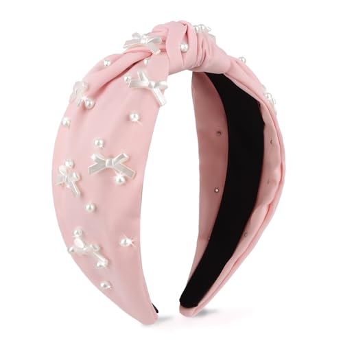 Pink Headband Bow Pearl Knotted Headbands for Women Girls Cute Fashion Wide Headbands for Women Non Slip Hairbands Head Bands for Women's Hair Bow Hair Accessories - color: Pink-02