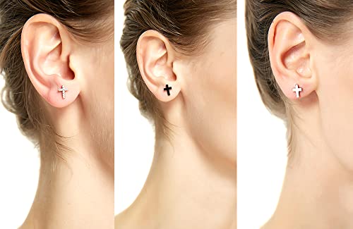 REVEMCN 925 Sterling Silver and Stainless Steel Cross Stud Earrings for Women Men, 3 Pairs - color: 3 Pairs