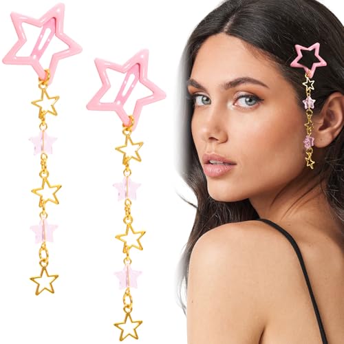 Pndeyo 2pcs Star Tassels Hair Clips for Women, Non-Slip 2000s Y2K Hair Snap Barrettes, Cute Star Beaded Pendant Hair Pin Accessories for Braid Long Short Thin Thick Hair- Pink - color: Pink-B Style